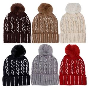 Cable Chunky Knitted Fleece-Lined Beanie Rhinestone Winter Hat Assorted Colors